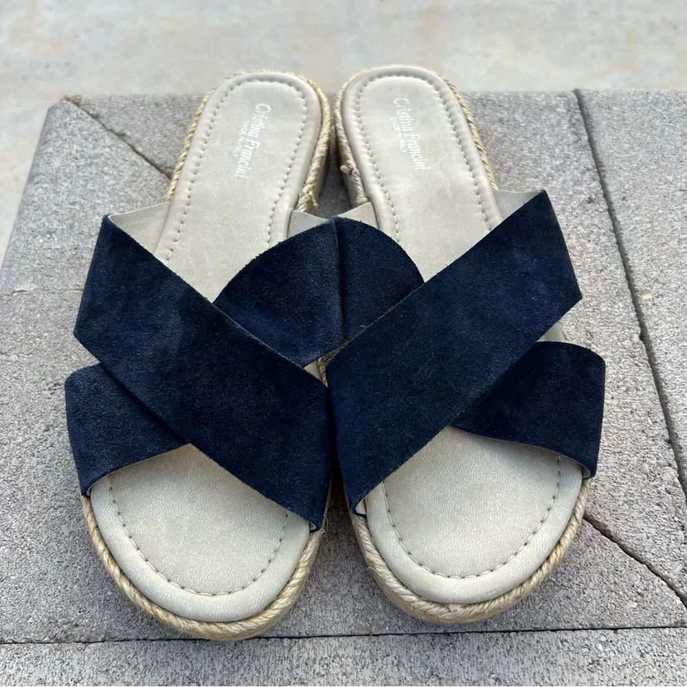 Cristina Francini Crossover Leather Espadrille Sandal Slides Shoes Navy Tan 10